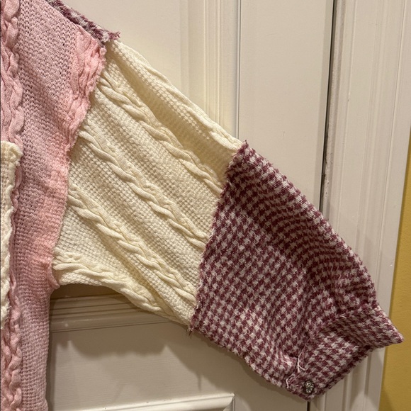 POL Cozy Dusty Pink & Cream Colorblock Cable & Houndstooth  Shacket-Sz L-NWOT - Picture 3 of 8